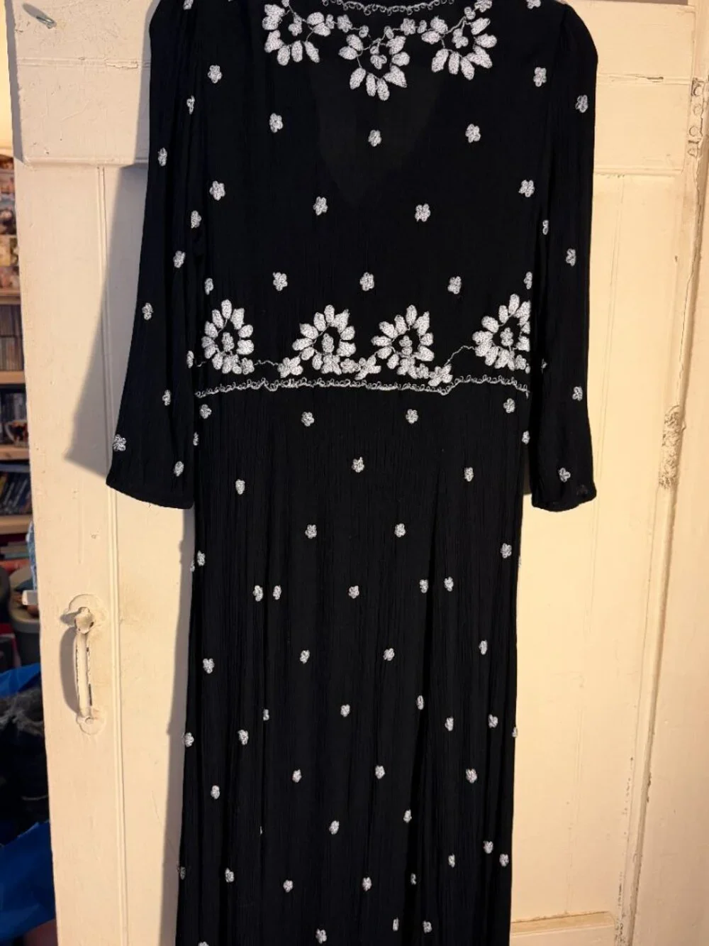 Free People Black w/White Embroidered Fable Maxi Dress Sz L
